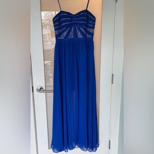 Blue strapless evening gown